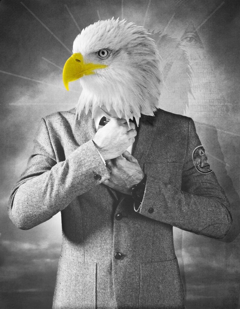 Abgebildet ist ein Adler, welcher eine Uniform trägt und sich eine Krawatte richtet.