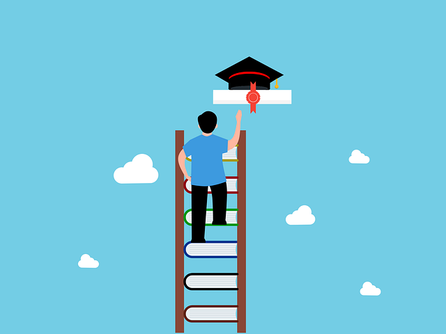 Student climb up a ladder of books. He graduates.