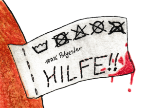 Shown is a drawing of a piece of clothing with the word "Help" embroidered on it in capital letters.