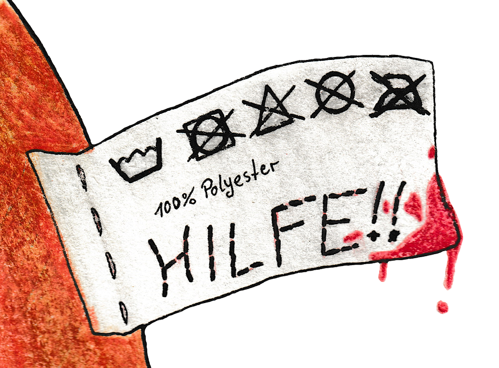 Shown is a drawing of a piece of clothing with the word "Help" embroidered on it in capital letters.
